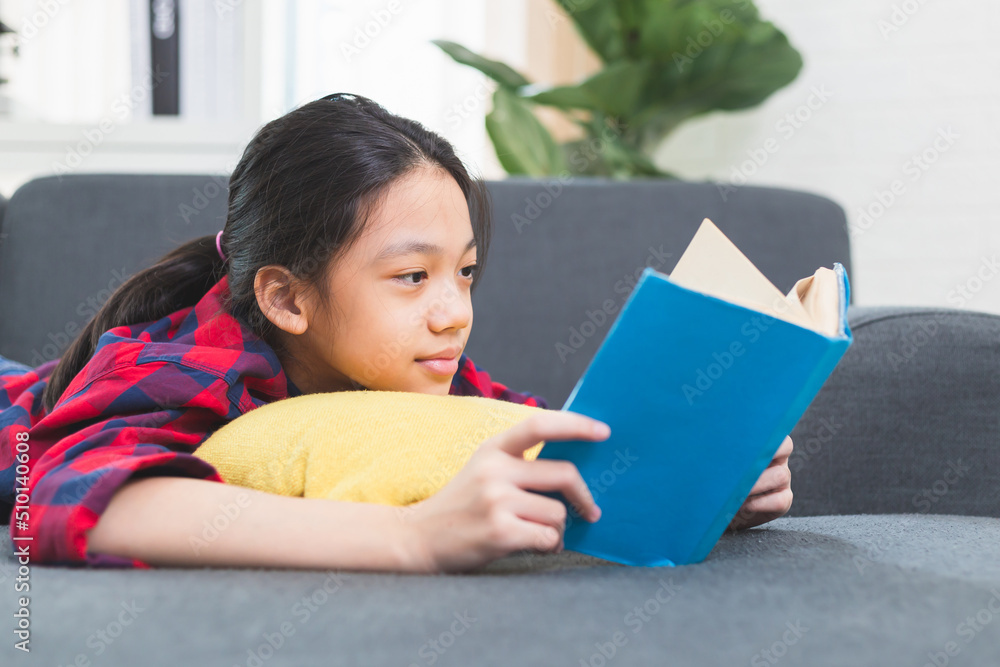 Cute little child girl in casual clothes reading a book lying on a sofa in the living room Cute little child girl in casual clothes reading a book lying on a sofa in the living room