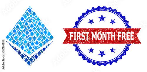 Vector crystal mosaic ethereum crystal icon, and bicolor textured First Month Free stamp. Red round stamp seal has First Month Free tag inside circle.