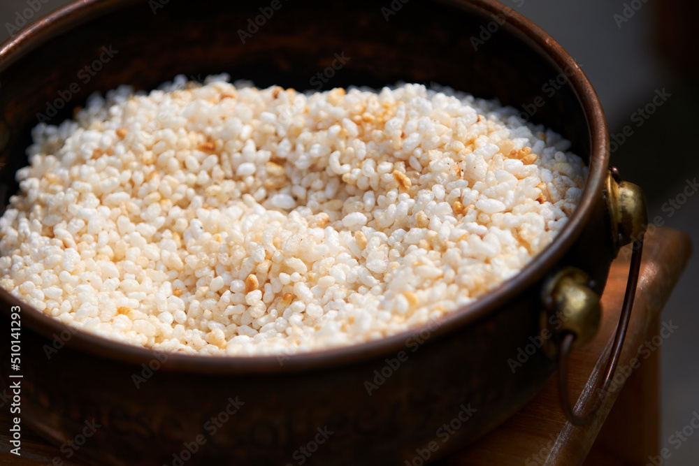 Closeup fried rice for making oil tea food Closeup fried rice for making oil tea food