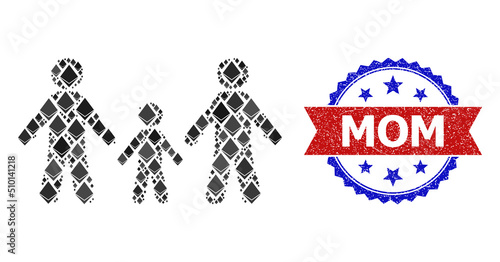 Vector gemstone mosaic family icon, and bicolor scratched Mom seal stamp. Red round seal has Mom title inside circle. Family mosaic is formed from ethereum elements.