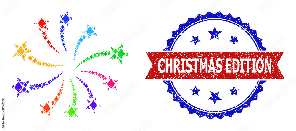 Vector gem collage fireworks festival icon, and bicolor textured Christmas Edition seal. Red round stamp includes Christmas Edition caption inside circle.