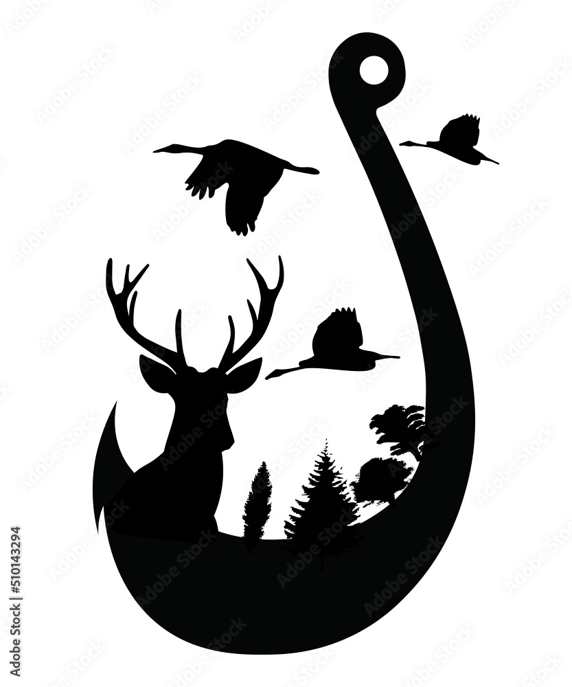 Duck Deer and Hook SVG, fishing hunting svg bundle, fishing svg, hunting svg,  hunt and fish svg bundle, fishing usa flag, hunting USA flag Stock Vector