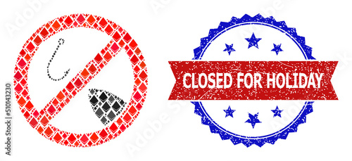 Vector ethereum mosaic forbidden fishing icon, and bicolor scratched Closed for Holiday seal. Red round badge includes Closed for Holiday text inside circle.