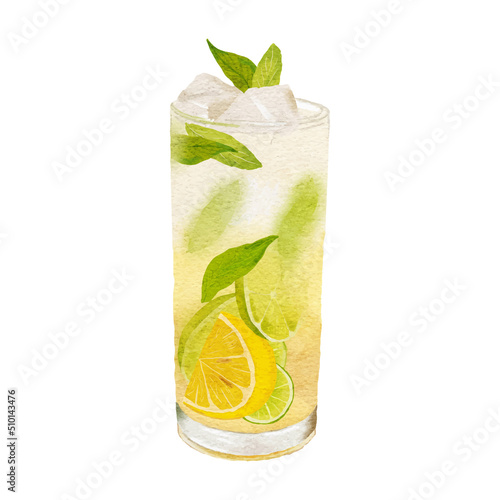 watercolor illustration of drink with lemon mint clip art