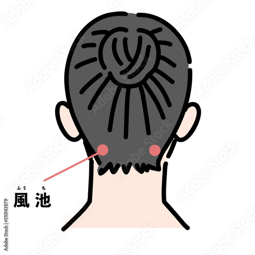 風池を示している女性の首上の後ろ姿
