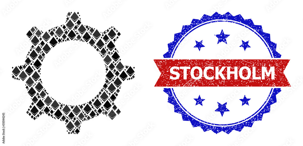 Obraz premium Vector brilliant mosaic gear icon, and bicolor dirty Stockholm stamp. Red round stamp contains Stockholm title inside circle. Gear mosaic is composed of gem dots.