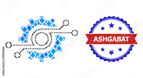 Vector ethereum mosaic gear chip icon, and bicolor unclean Ashgabat watermark. Red round badge contains Ashgabat text inside circle. Gear chip mosaic is designed with ethereum elements.