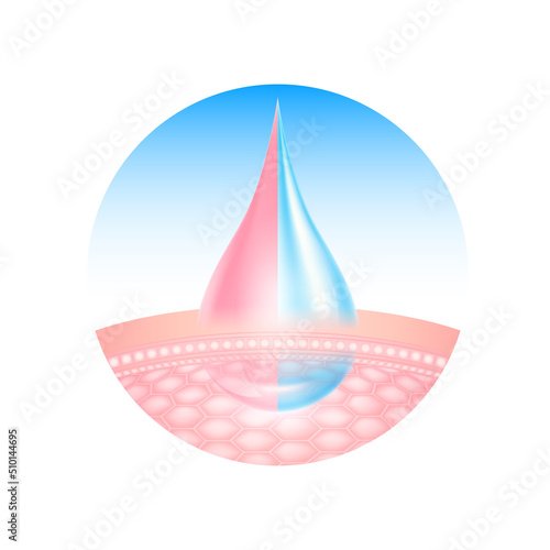 Skin care with collagen drop is absorbed into the skin cells. Active ingredient nurture deep into skin moisturizing close up. Beauty treatment nutrition skin care design. Realistic 3D vector.