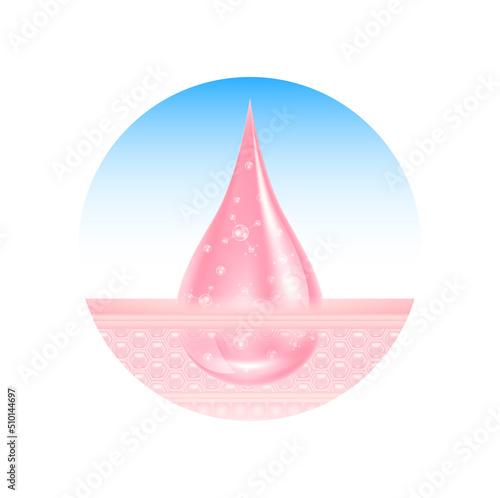 Active ingredient nurture deep into skin moisturizing close up. Skin care with collagen drop is absorbed into the skin cells. Sign for cosmetics packaging lotions, serums, creams. Realistic 3D vector.