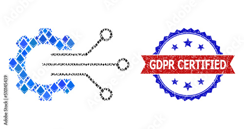 Vector brilliant collage gear sensor icon, and bicolor textured Gdpr Certified stamp. Red round stamp seal contains Gdpr Certified text inside circle. Gear sensor collage is done of ethereum items.