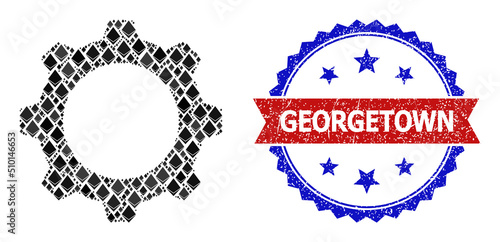Vector ethereum collage gearwheel icon, and bicolor textured Georgetown stamp. Red round stamp seal includes Georgetown title inside circle. Gearwheel mosaic is constructed of ethereum parts.