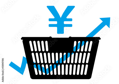 値上げラッシュをイメージした買い物カゴと矢印のイラスト