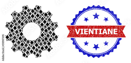 Vector diamond mosaic gearwheel icon, and bicolor unclean Vientiane stamp. Red round stamp seal contains Vientiane tag inside circle. Gearwheel mosaic is constructed of ethereum items.