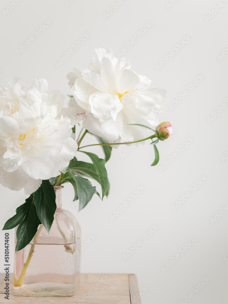 Large White Peony On Wooden Table Large White Peony On Wooden Table