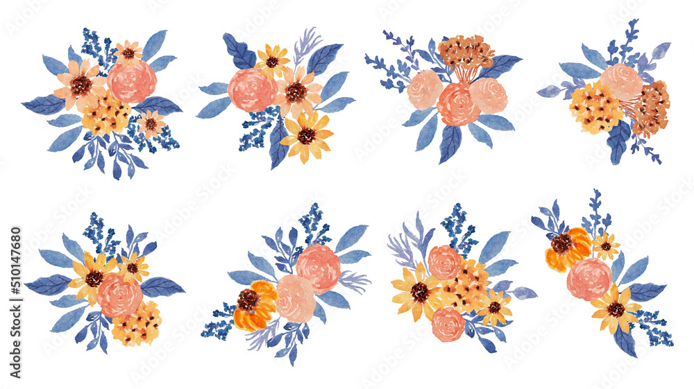 Vintage flower and blue leaf arrangement watercolor collection