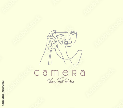 Beautiful woman taking a picture with digital camera photographer line drawing logo illustration