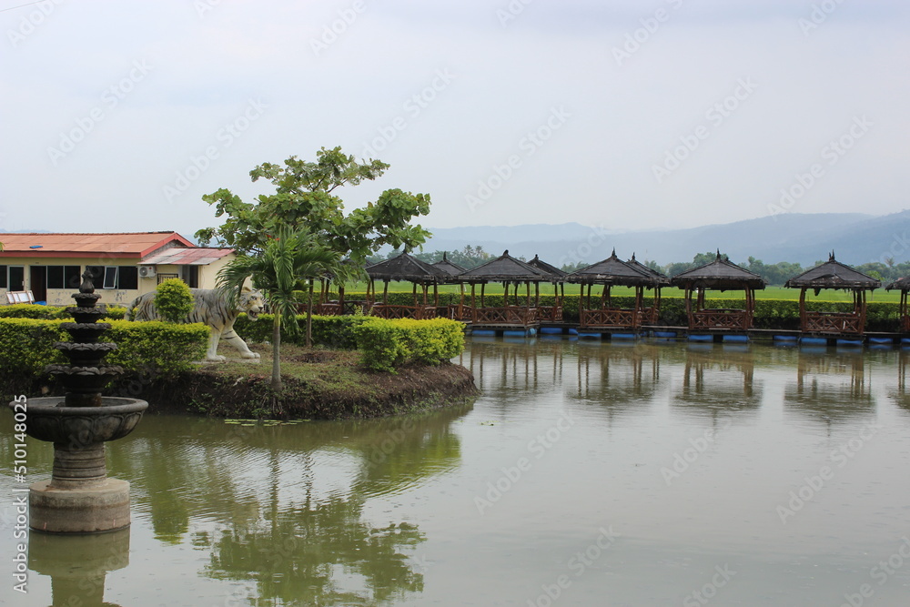 taman dengan kolam dan jembatan