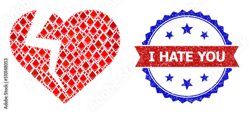 Vector brilliant mosaic heart break icon, and bicolor rubber I Hate You seal stamp. Red round seal includes I Hate You title inside circle. Heart break mosaic is organized from jevel elements.