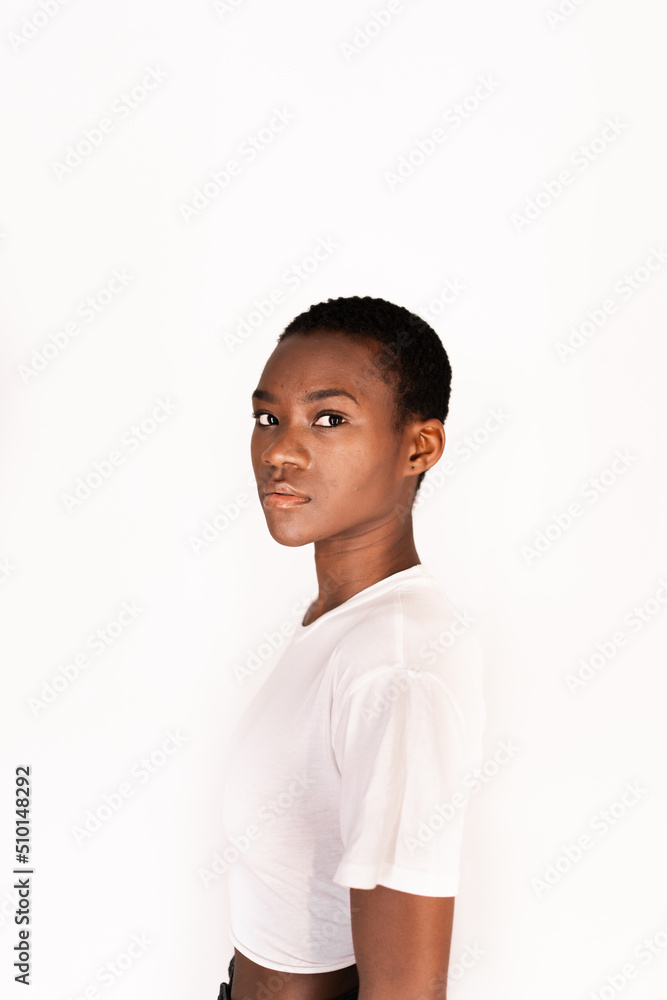 Short Haired Black Girl With Acne In A White Background. Short Haired Black Girl With Acne In A White Background.