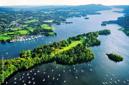 Lake Windermere in the Lake District National Park, Cumbria, England. Aerial south over Belle Isle.