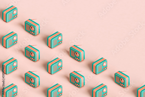 diagonals from vintage colorful radios. 3d render photo