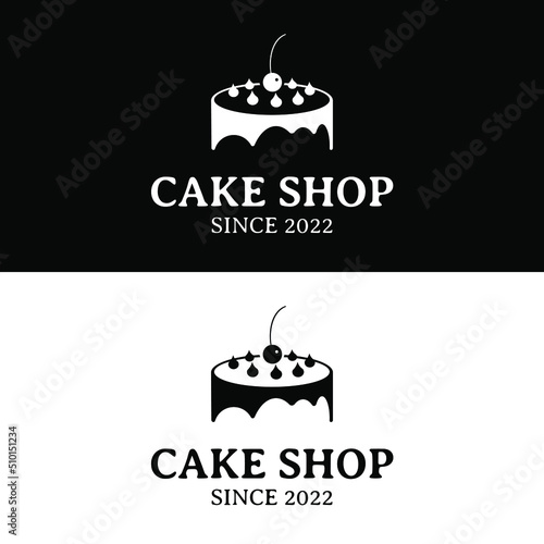 Cake shop logo design in simple silhouette of tart with fruit illustration