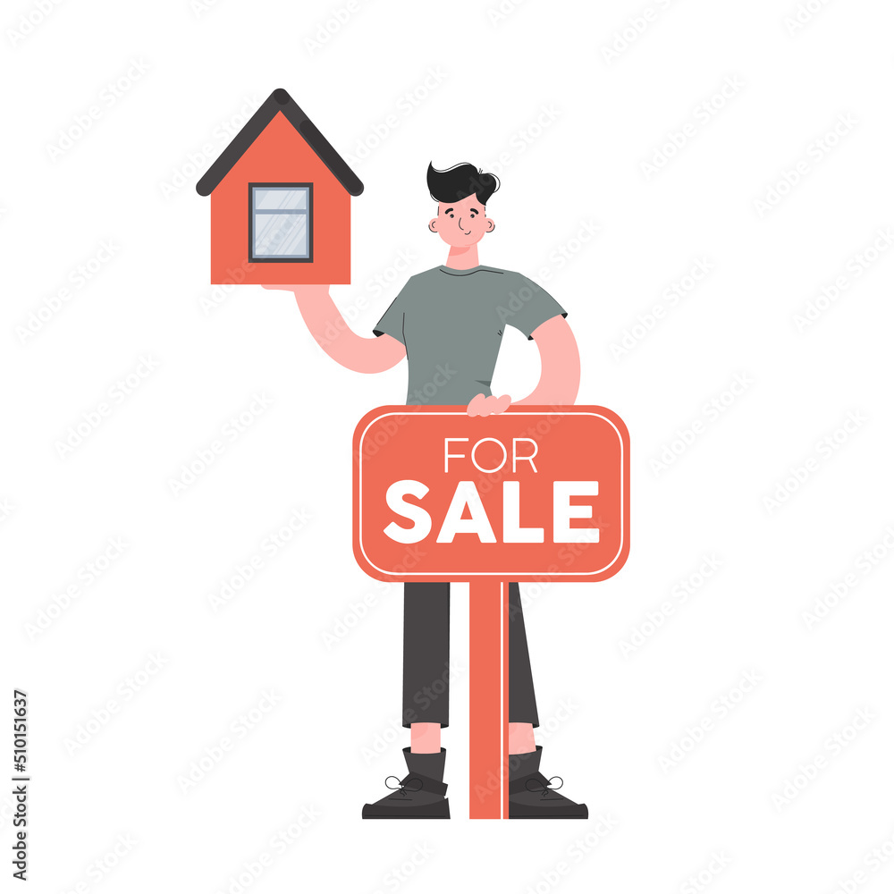 A man stands in full growth and shows a house for sale. Isolated. Flat style. Element for presentations, sites.