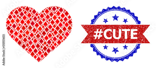 Vector crystal collage love heart icon, and bicolor grunge #Cute seal. Red round stamp seal includes #Cute tag inside circle. Love heart mosaic is composed from brilliant items.