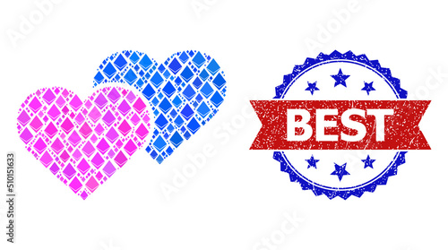 Vector ethereum collage love hearts icon, and bicolor unclean Best seal stamp. Red round stamp seal contains Best title inside circle. Love hearts mosaic is created of diamond parts.