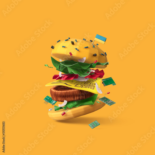 Big burger made from technological elements with Ukrainian flag photo