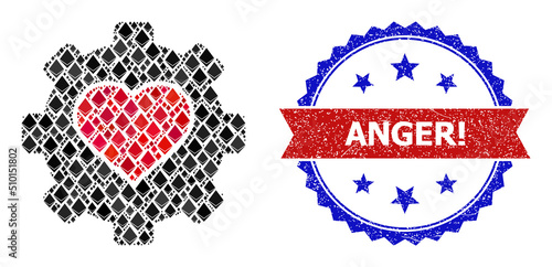 Vector ethereum mosaic love mechanics icon, and bicolor dirty Anger! seal stamp. Red round seal has Anger! text inside circle. Love mechanics collage is organized with crystal items.
