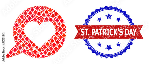 Vector brilliant collage love message icon, and bicolor scratched St. Patrick'S Day seal stamp. Red round stamp seal includes St. Patrick'S Day tag inside circle.