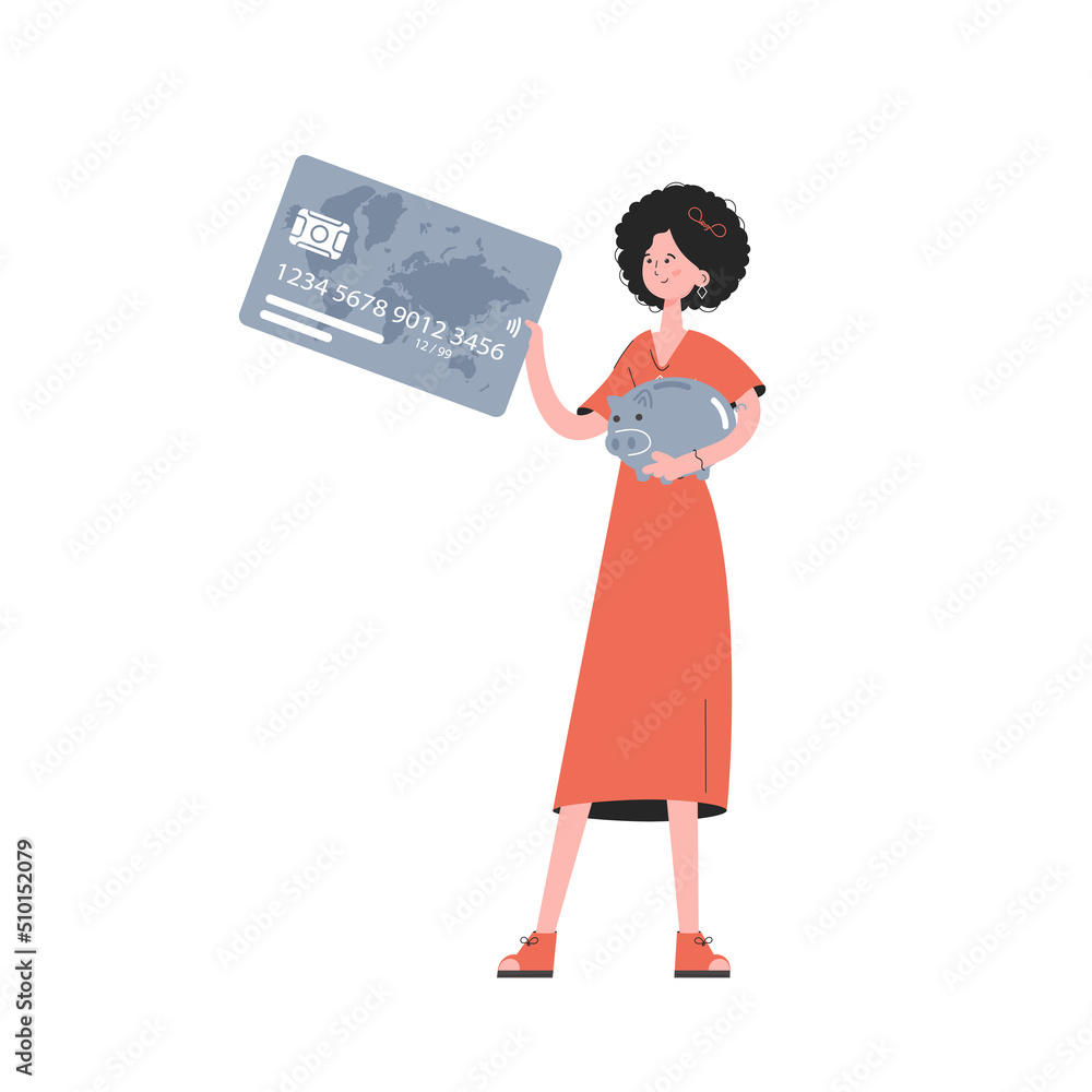 A woman stands in full growth with a piggy bank. Isolated. Flat style. Element for presentations, sites. A woman stands in full growth with a piggy bank. Isolated. Flat style. Element for presentations, sites.