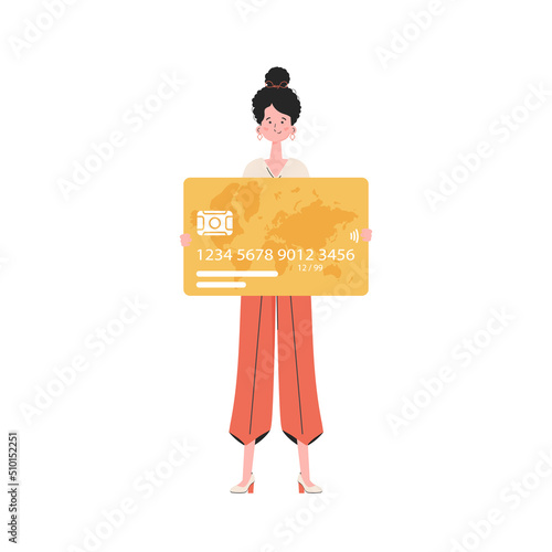 A woman stands in full growth holding a credit card in her hands. Isolated. Flat style. Element for presentations, sites. © Javvani