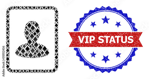 Vector ethereum mosaic man photo icon, and bicolor unclean Vip Status seal stamp. Red round stamp contains Vip Status text inside circle. Man photo mosaic is designed of gemstone parts.