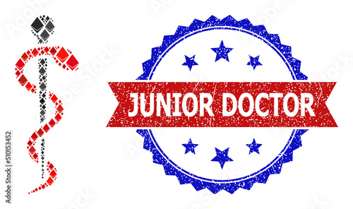 Vector ethereum collage medical snake icon, and bicolor textured Junior Doctor seal stamp. Red round stamp seal includes Junior Doctor text inside circle.