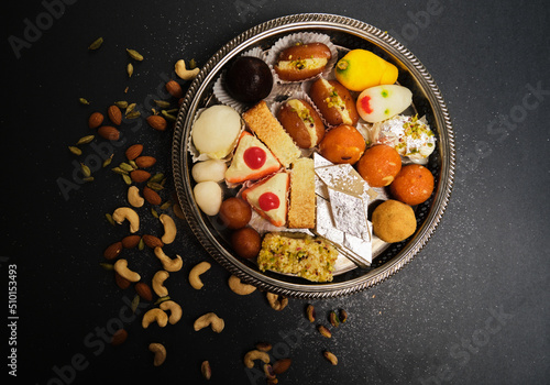 Indian Sweets / Mithai  Tray Kalakand, Rasgulla, Laddoo,  photo