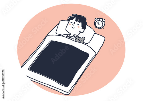 夜就寝する男の子　子供の1日の習慣　コミカルな手書きの人物　ベクター、温かみのある線画
