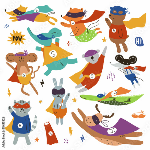 Set with animals in funny superhero costumes. Vector illustration on a white background for children's decoration and textiles.