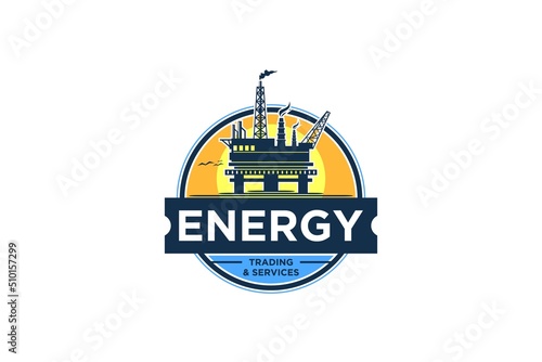 Offshore oil rig platform logo design  industry emblem badge style circle shape petroleum energy
