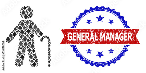 Vector jevel collage old man icon, and bicolor scratched General Manager seal. Red round badge includes General Manager text inside circle. Old man collage is formed of diamond parts.