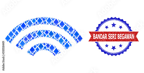 Vector gemstone mosaic online signal icon, and bicolor scratched Bandar Seri Begawan seal stamp. Red round seal contains Bandar Seri Begawan tag inside circle.