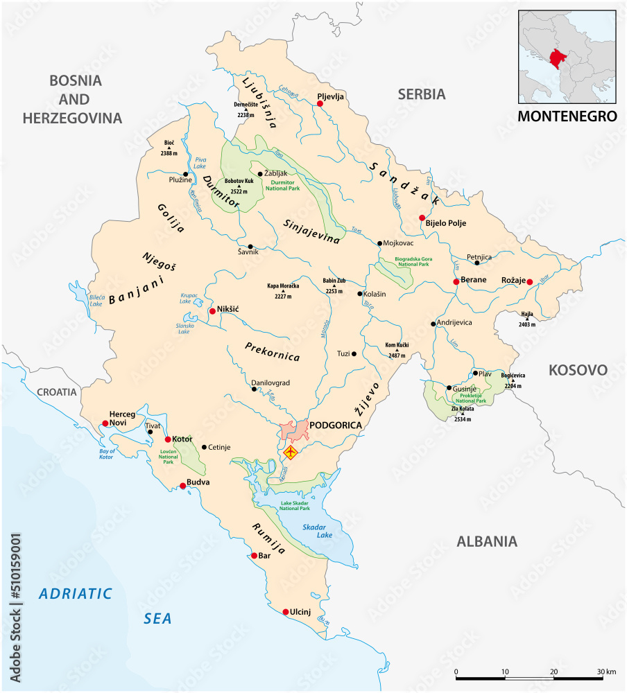 Vector map of the southeast European Republick Montenegro