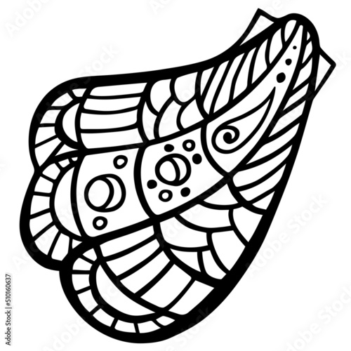 Zen art monochrome Polynesian cockleshell isolated on white background. Ornamental tribal style zendoodle clam for tattoo or art therapy coloring book. Hand drawn ornate Maori bivalve.