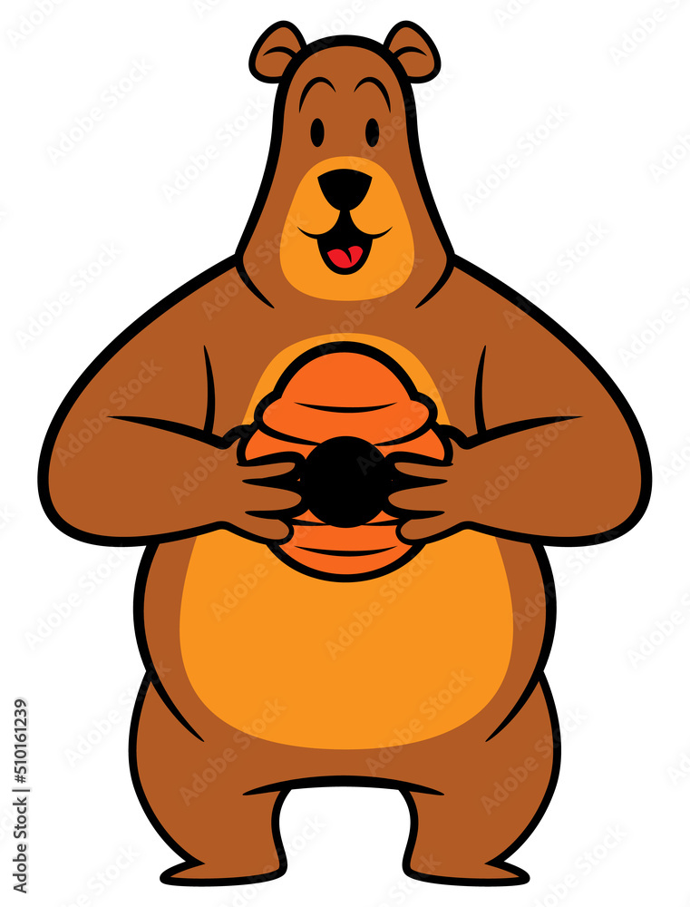 Cartoon illustration of Funny Bear holding a beehive, best for sticker, mascot, logo, and decoration with wildlife themes for kids Cartoon illustration of Funny Bear holding a beehive, best for sticker, mascot, logo, and decoration with wildlife themes for kids