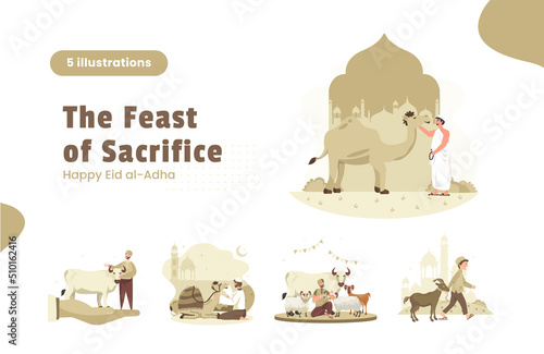 Flat design Islamic Eid Adha, the feast of sacrifice illustration set