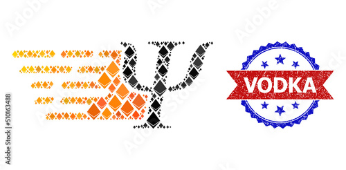 Vector ethereum collage Psi energy icon, and bicolor unclean Vodka stamp. Red round stamp contains Vodka tag inside circle. Psi energy collage is designed of brilliant elements.