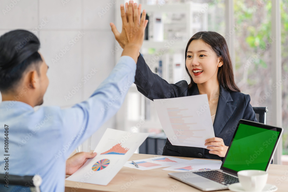 Boss congratulating by give me five action to asian businesswoman in glad action when successful project or getting promote, rewarding the business target in modern office, Success business concept, Boss congratulating by give me five action to asian businesswoman in glad action when successful project or getting promote, rewarding the business target in modern office, Success business concept,