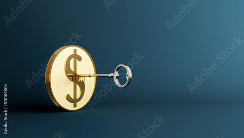 gold coins currency us dollar with padlock shape and the key to unlock on dark blue background. copy space. Strategic concepts in investment economy and financial business. 3D illustration.