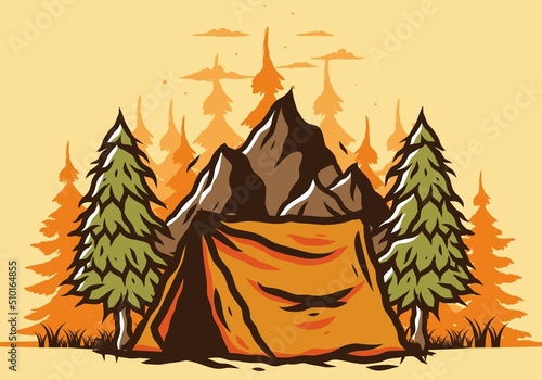 Camping tent in front of the mountain and between pine trees